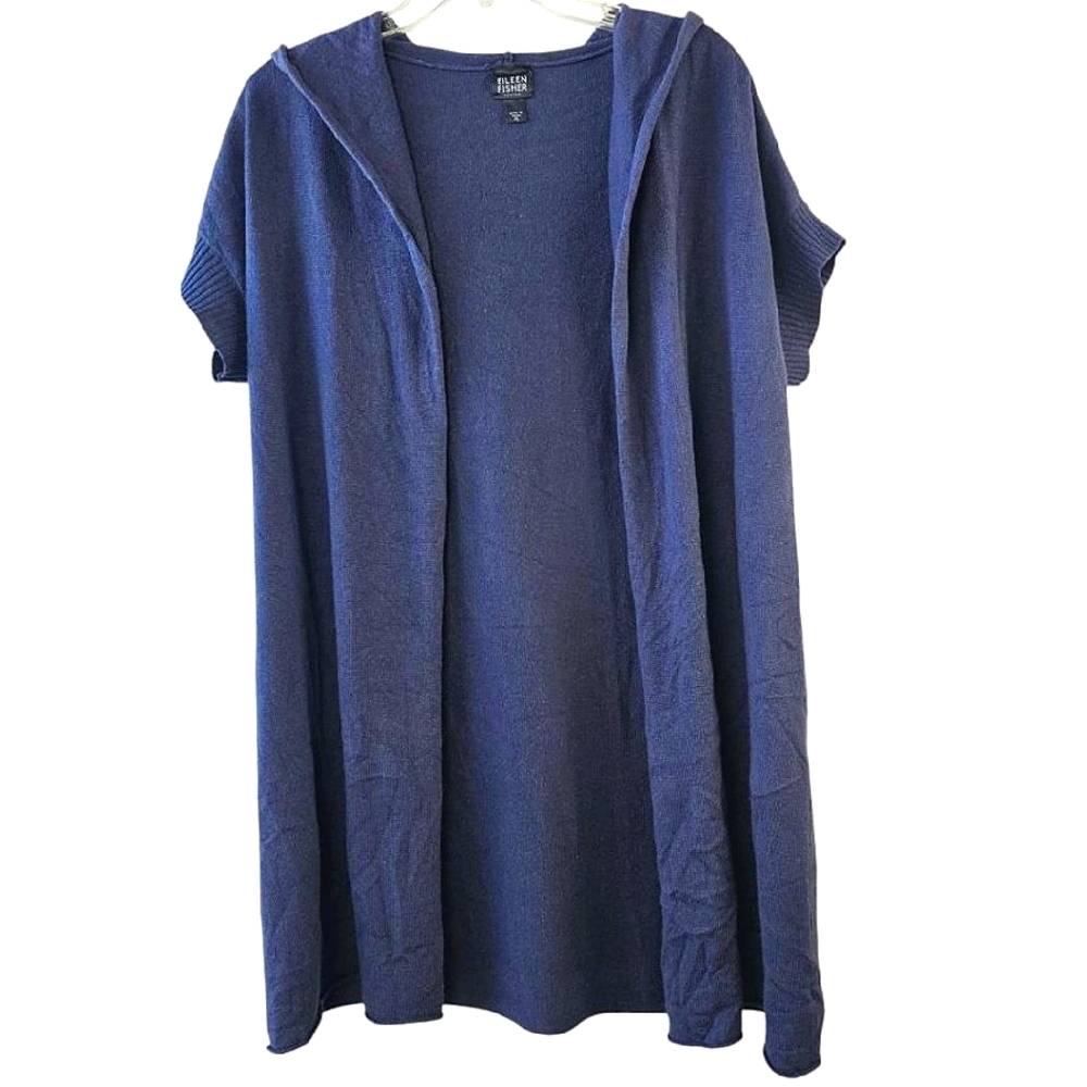 Eileen Fisher Blue Silk & Cashmere Short Sleeve Open Sweater With Hood, Size PL